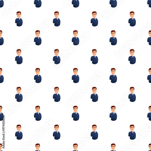 Businessman making a shush gesture, symbolizing silence and secrecy in a repeated pattern