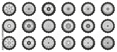 Wheel rims collection with different spoke patterns and tire shapes. Monochrome automotive elements arranged