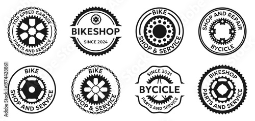 Bike shop badges collection with gear symbols and typography elements. Vintage style logos for bicycle service and repair branding