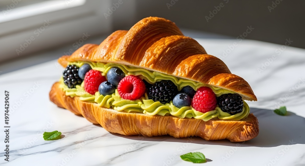 © tu - Delicious buttery flaky French croissant stuffed with rich gourmet pistachio cream filling topped with fresh seasonal berries and forest fruit served on a rustic plate for breakfast pastry snack
