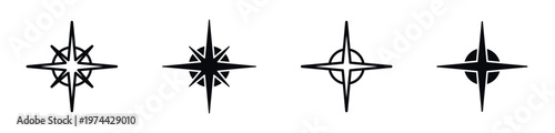 Set of compass rose silhouette designs with stylized geometric elements and black and white vector illustrations