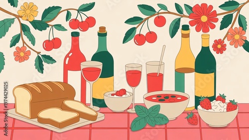 Delicious summer picnic, wine and food, fresh fruits, outdoor dining, still life