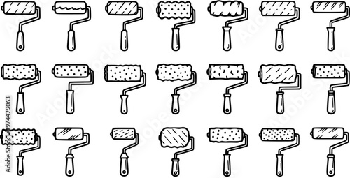 Black and White Line Art Set of 21 Different Paint Rollers, Construction Tools Iconography