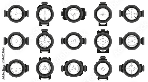 Optical sights collection with realistic scope views and targeting marks. Detailed crosshair elements for shooting and precision aiming