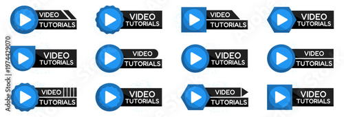 Video tutorial badges collection with play button icons and modern labels. Media interface elements for online learning