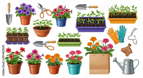 Flat vector illustration showcasing a variety of Spring Gardening tools and potted plants, including trowels, pruners, gloves, and watering can, arranged against a clean white background