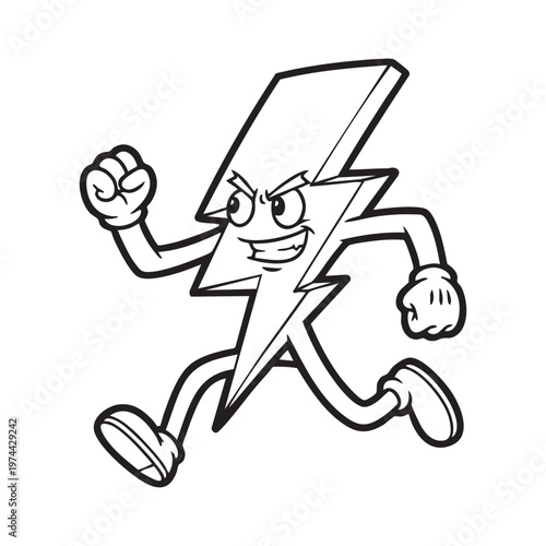 A cartoon lightning bolt character is running with a determined expression a bold silhouette high quality