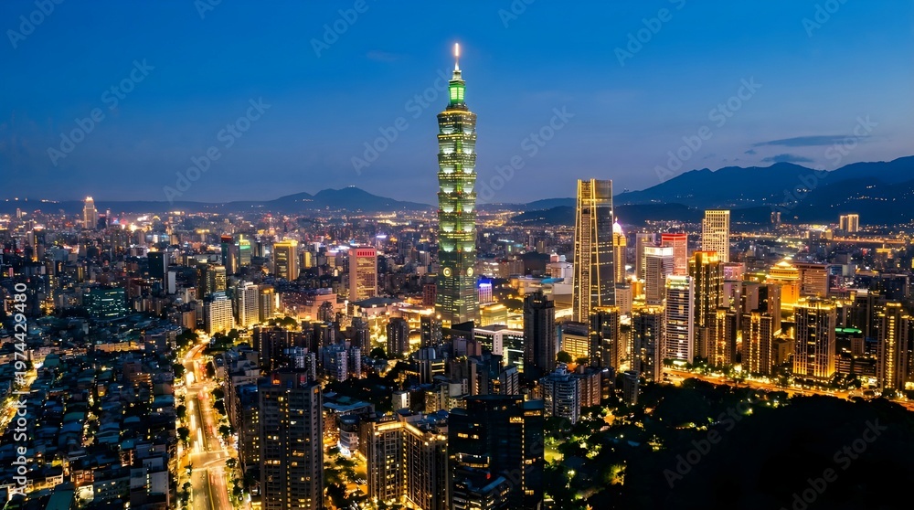 Naklejka premium Stunning Night View of Taipei 101 and City Skyline in Taiwan