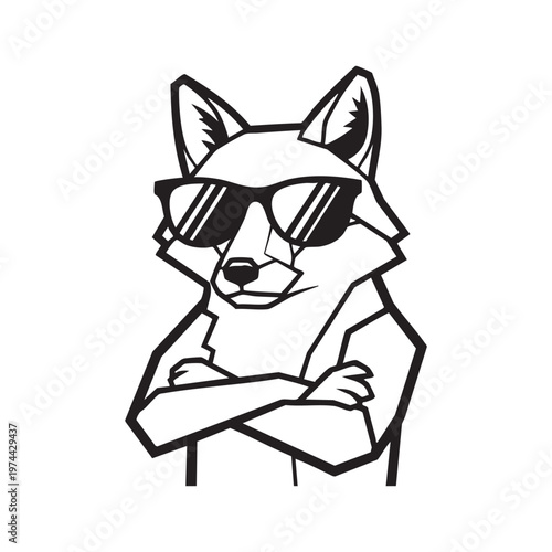 A cool fox wearing sunglasses with arms crossed depicted in a striking black and white silhouette