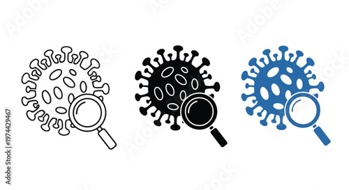 Microscopic view of virus particles being examined under a magnifying glass, representing scientific research