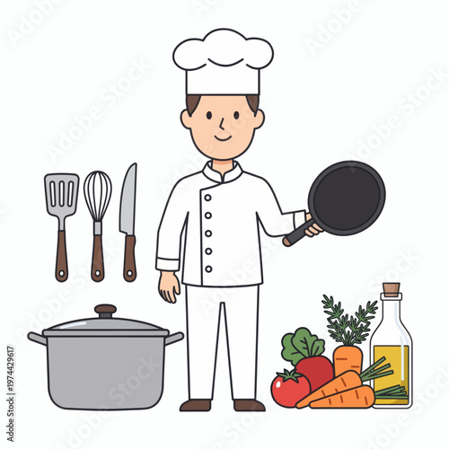 Chef holding a pan with cooking tools and vegetables ready to prepare a meal