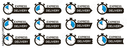 Express delivery badges collection with stopwatch icons and fast shipping labels. Logistics symbols representing speed and urgent service