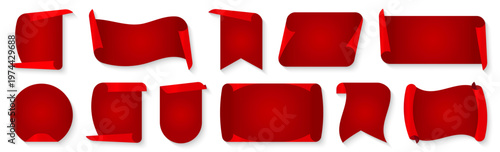 Red ribbons collection with curled paper shapes and realistic folds. Decorative banners for announcements and labels in classic style