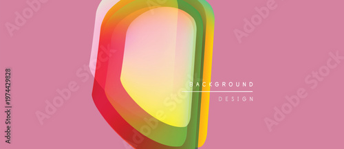 Abstract geometric design. Overlapping colorful layers create dynamic visual effect. Soft pink background complements vibrant shapes.