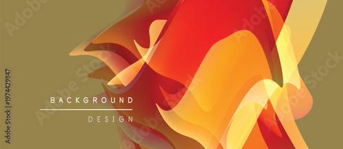 Abstract fluid shapes, warm colors dominate. Orange, yellow hues blend with muted gold backdrop. Modern design element.