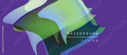 Abstract fluid shapes overlap, creating vibrant gradients. Purple background complements green, blue hues. Text reads background design.