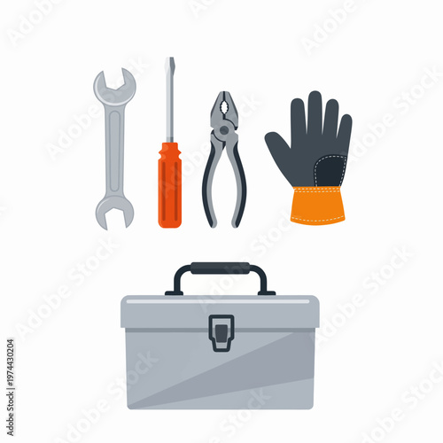 Worker's tools including wrench, screwdriver, pliers and toolbox