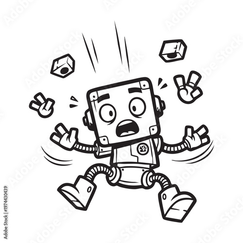 A cartoon robot appears to be falling apart with scattered cubes presented as a silhouette