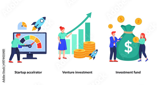 Start up accelerator, Venture investment, investment fund. Business incubator abstract concept vector illustration set.