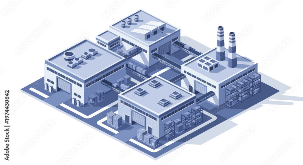 Fototapeta premium Isometric Industrial Complex with Multiple Factory Buildings and Infrastructure.