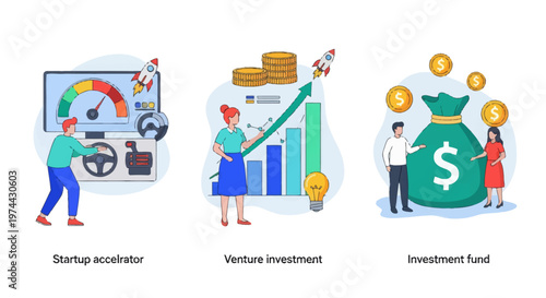 Start up accelerator, Venture investment, investment fund. Business incubator abstract concept vector illustration set.