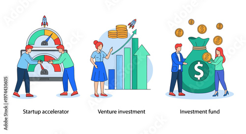 Start up accelerator, Venture investment, investment fund. Business incubator abstract concept vector illustration set.