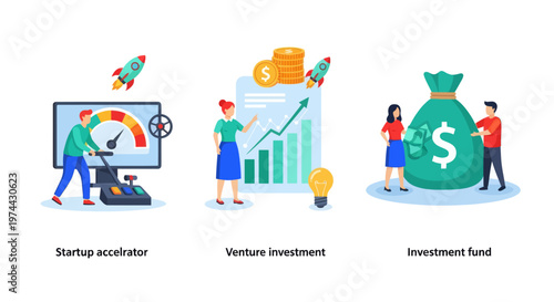 Start up accelerator, Venture investment, investment fund. Business incubator abstract concept vector illustration set.
