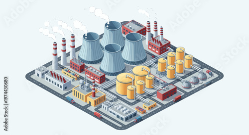 Isometric Industrial Complex with Nuclear Power Plant and Factories.