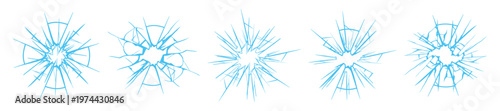 Set of five blue shatter crack patterns, abstract glass fracture elements, flat vector style