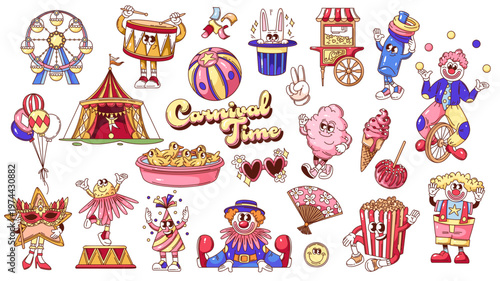 Cute carnival groovy cartoon set with clowns, popcorn cart, ferris wheel, circus tent, sweets, and balloons, drawn in outline vector illustration with retro fairground and amusement park vibes.