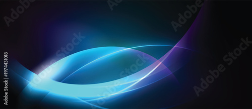 Abstract light curves flow across dark background. Blue hues dominate, creating dynamic visual effect. Smooth gradients suggest movement.