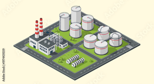 Isometric Industrial Complex with Storage Tanks and Factory Buildings.