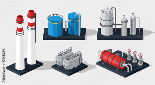Isometric Industrial Equipment Set for Chemical and Manufacturing Plants.