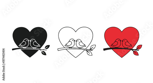 Three stylized hearts with cute birds perched on branches, representing love and companionship in different colors