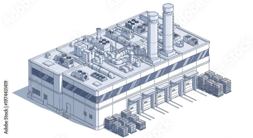 Isometric Industrial Factory Building with Modern Design and Detailed Architecture.