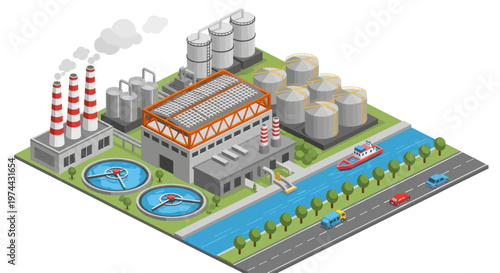 Isometric Industrial Factory Complex with River and Road.