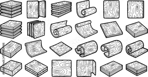 Woodworking  Construction Industry Timber Materials Black  White Line Art Vector Icons. Boards, Planks, Veneer  Lumber Products Collection