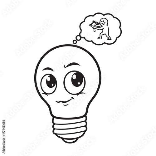 A lightbulb character contemplates a thief with a book depicted in a charming silhouette high quality