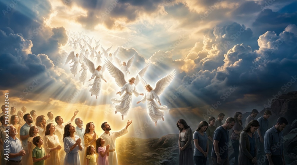 Fototapeta premium Jesus Christ with group of people looking at flying angels in heaven. Religious spiritual scene with divine light and clouds. Conceptual illustration of faith, salvation and afterlife.