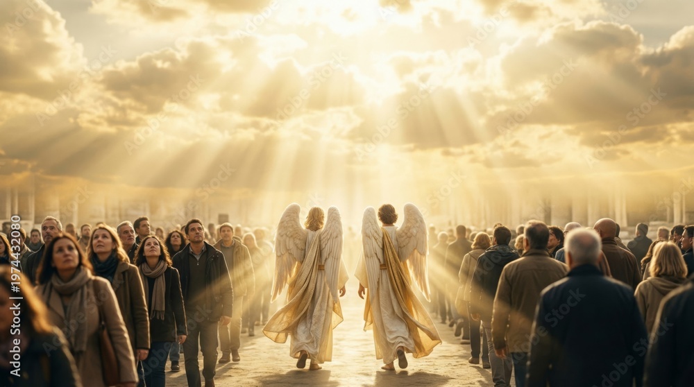 Fototapeta premium Two angels walking through a crowd of people toward the bright divine light. Religious manifestation of heaven. Concept of faith, salvation, and spiritual guidance for Easter holiday.