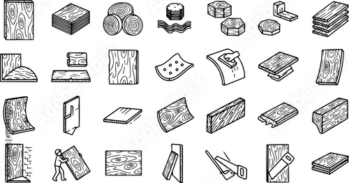 Woodworking and Construction Industry Black  White Line Art Icon Set featuring Timber, Planks, Logs, Materials, and Tools