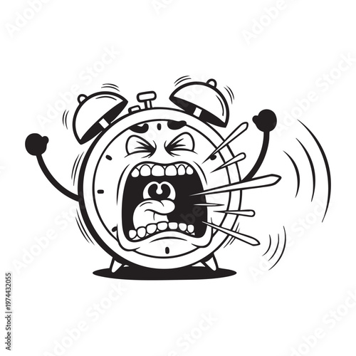 An angry alarm clock with a wide open mouth and ringing sound waves a black silhouette