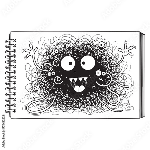 An open sketchbook displays a whimsical scribbled monster drawing in black ink a playful silhouette