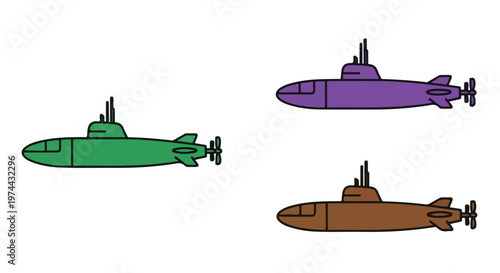 Three colorful cartoon submarines depicted in different shades of green, purple, and brown against a white background