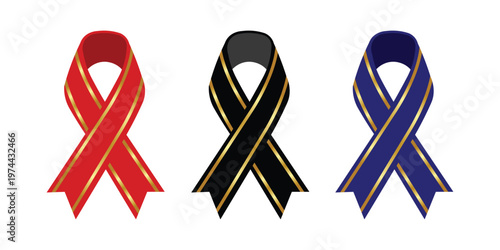Three colorful ribbons with gold trim are displayed against a white background a striking silhouette