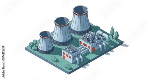 Isometric Nuclear Power Plant with Cooling Towers and Buildings.
