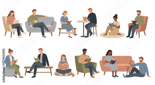 Various individuals engrossed in reading books in different relaxed environments. Sitting on sofas, armchairs, benches, and floors. Calm and intellectual scenes.