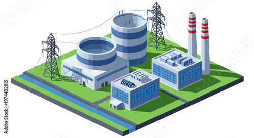 Isometric Nuclear Power Plant with Cooling Towers and Transmission Lines.