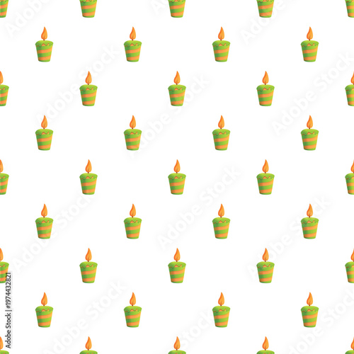 Green striped birthday candles with burning flames forming a seamless holiday pattern