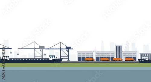 Cargo ships and containers at a busy port terminal.